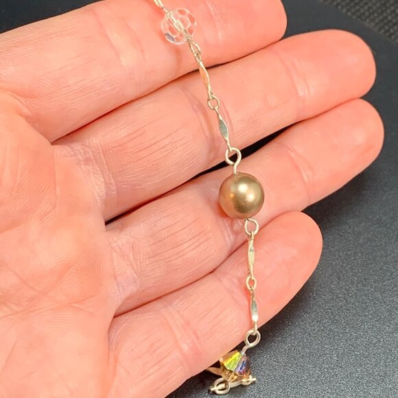 VTG Sterling Silver Champagne Faux Pearl Swarovski Crystal Station Bracelet 7.5" - Picture 8 of 11